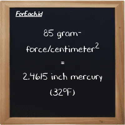 How to convert gram-force/centimeter<sup>2</sup> to inch mercury (32<sup>o</sup>F): 85 gram-force/centimeter<sup>2</sup> (gf/cm<sup>2</sup>) is equivalent to 85 times 0.028959 inch mercury (32<sup>o</sup>F) (inHg)